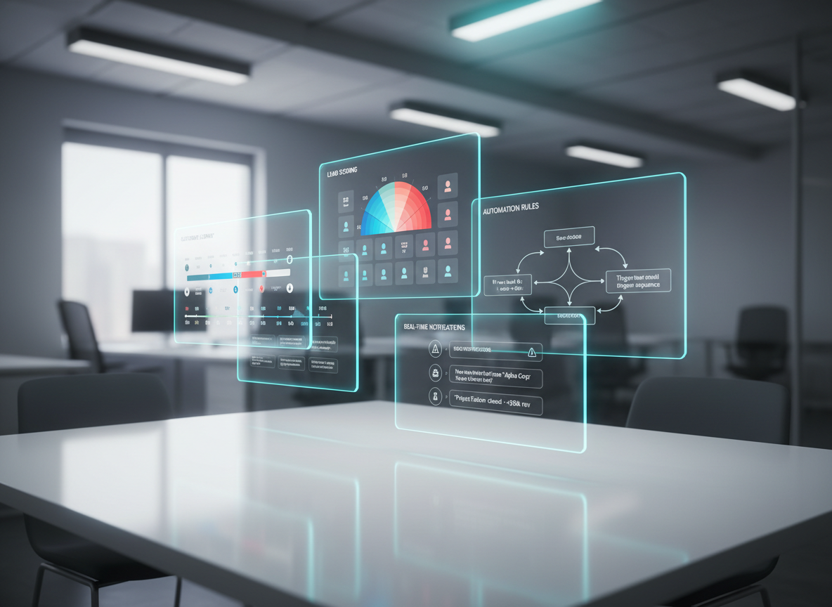 A cluster of transparent, holographic-style 3D panels floating above a reflective white table, each panel showing different CRM insights: customer timelines, lead scoring heatmaps, automation rules, and real-time notifications. The panels have crisp edges with subtle cyan and deep blue accents, suggesting an AI-driven interface. The background is a softly blurred, modern office with clean lines and muted gray tones, echoing a SaaS environment. Cool, directional lighting from above and behind gives the panels a luminous glow and faint reflections on the table surface. Photographic realism with a slightly low angle, emphasizing depth and sophistication, creates a futuristic yet professional atmosphere aligned with enterprise-grade but SMB-focused technology solutions.