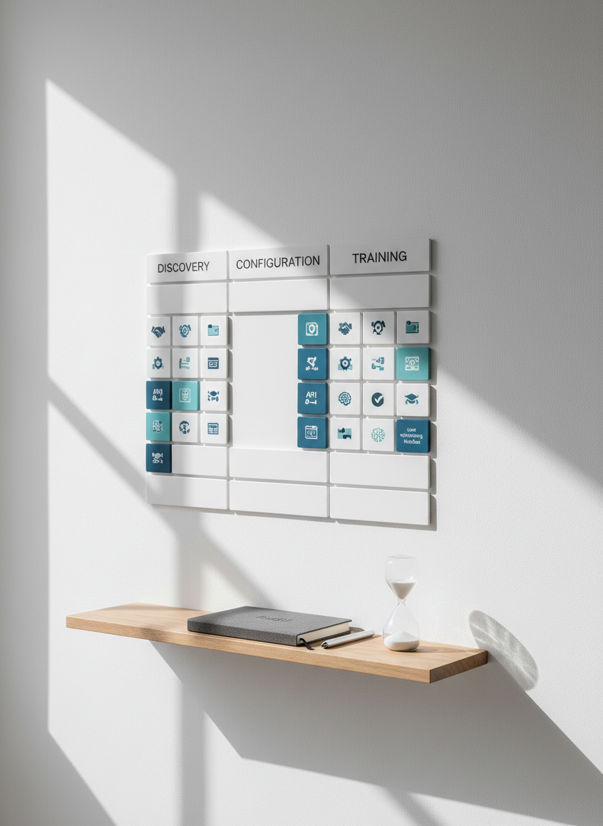 A neatly arranged implementation planning board mounted on a matte white wall, composed of modular magnetic tiles labeled for phases such as discovery, configuration, integration, and training. Each tile has small, icon-like graphics in restrained blues and teals, representing CRM features and AI automations. Below, a slim shelf holds a closed charcoal-gray notebook, a single stylus, and a small, minimalist hourglass with fine white sand, symbolizing efficient timelines. Side-window daylight creates soft, diagonal shadows across the board, emphasizing its structure without clutter. Photographic realism, framed using the rule of thirds with crisp focus throughout, evoking a calm, methodical, and professional mood associated with structured SaaS onboarding for growing teams.